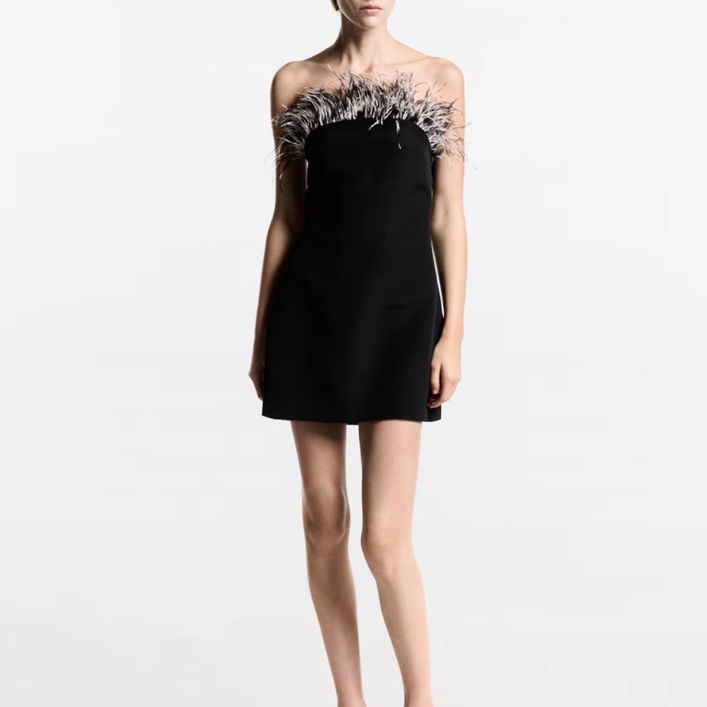 Mango Elegant Black Strapless Dress with Feather Detail